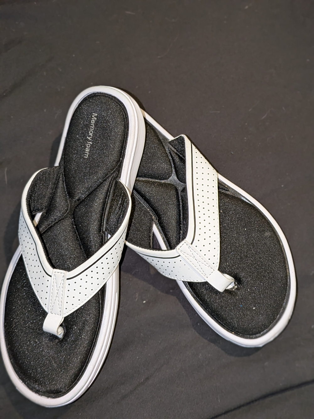 Memory Foam White and Black Perforated Thong Sandals